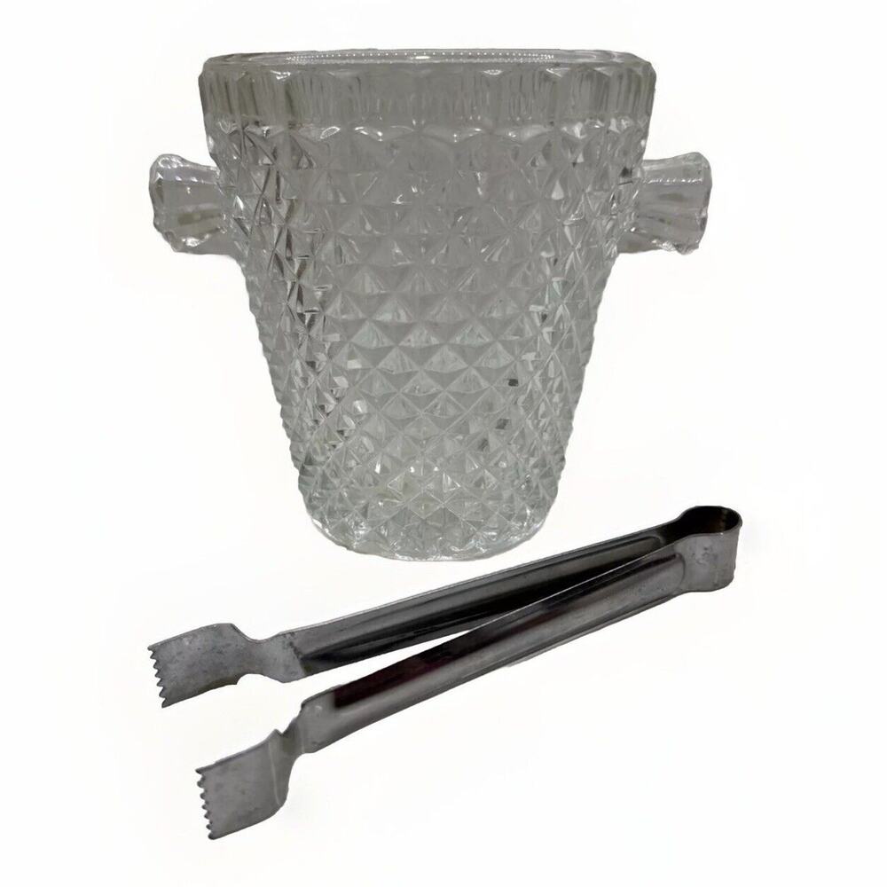 Vintage Crystal Cut Glass Ice Bucket with Tongs Anchor Hocking Wexford Pattern